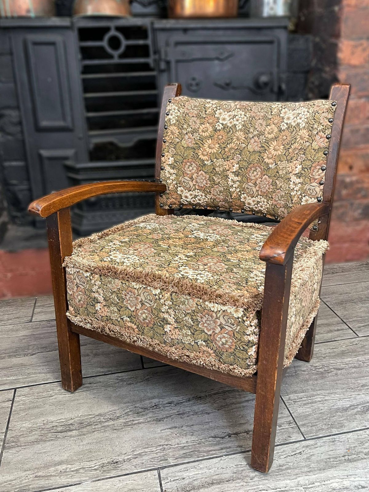 Small Deco Arts And Crafts Solid Oak Wooden Armchair With Stud Details And Tapestry Cushion/Backrest Circa 1920 photo Furniture