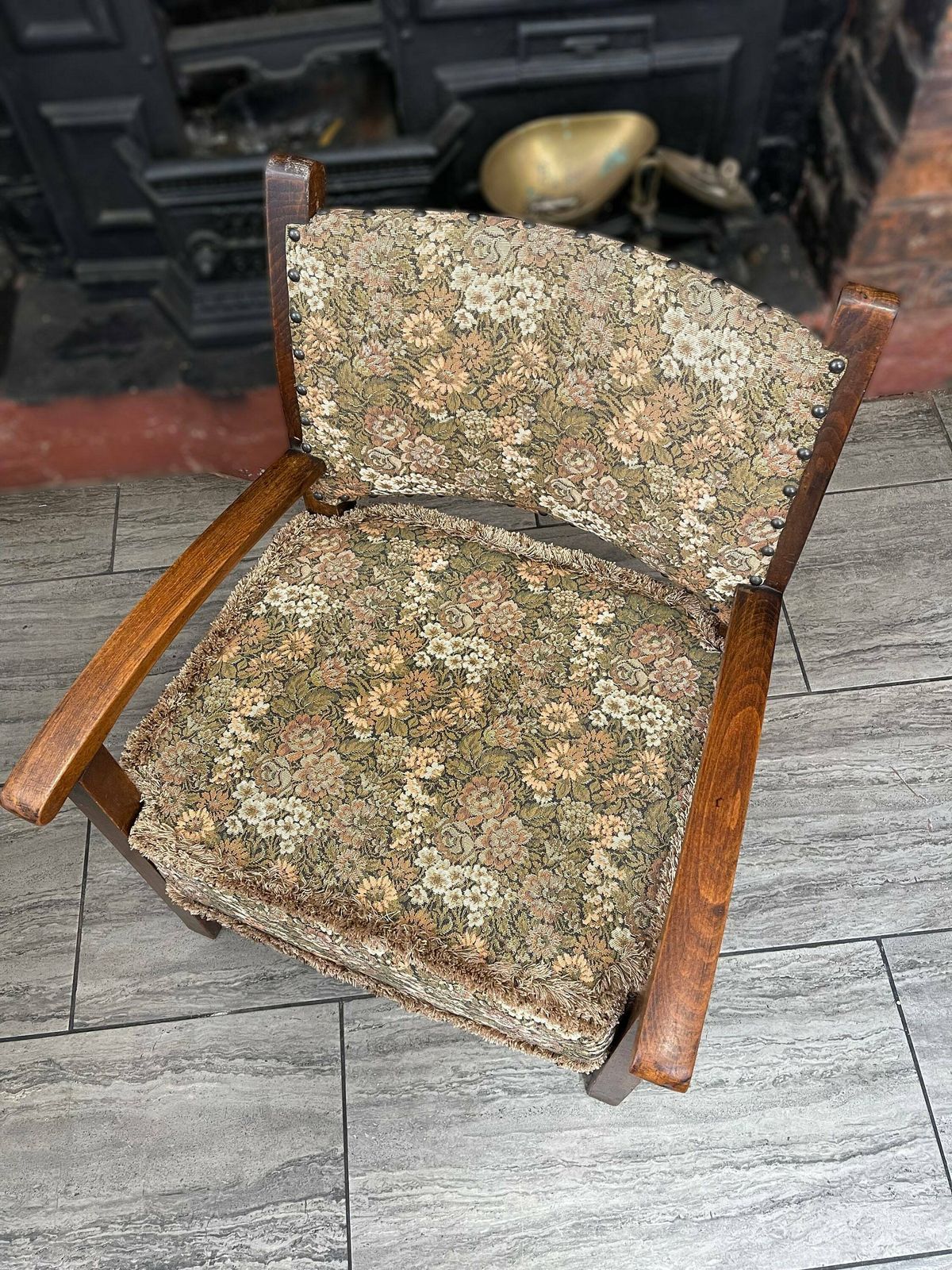 photo for sale Small Deco Arts And Crafts Solid Oak Wooden Armchair With Stud Details And Tapestry Cushion/Backrest Circa 1920