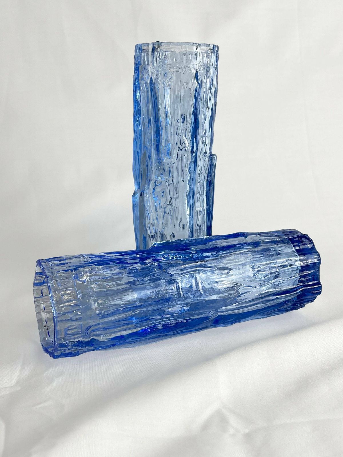 Pair Of Stylish Vintage Ravenhead Ice Blue Bark Effect Vases 1960’s 1970’s, Ice Glass, Collectable, Mid Century Art Glass photo for sale