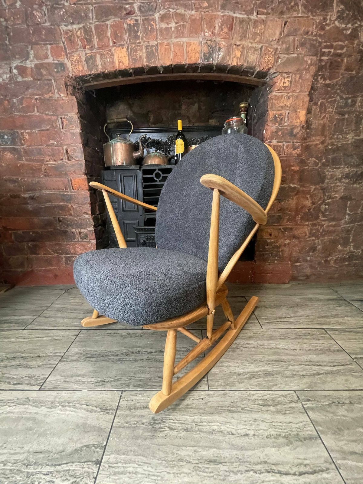 Mid Century Vintage Ercol Elm Wood Rocking Chair With New Slate Grey Boucle Upholstery 1950. Retro Rocking Chair. photo Furniture