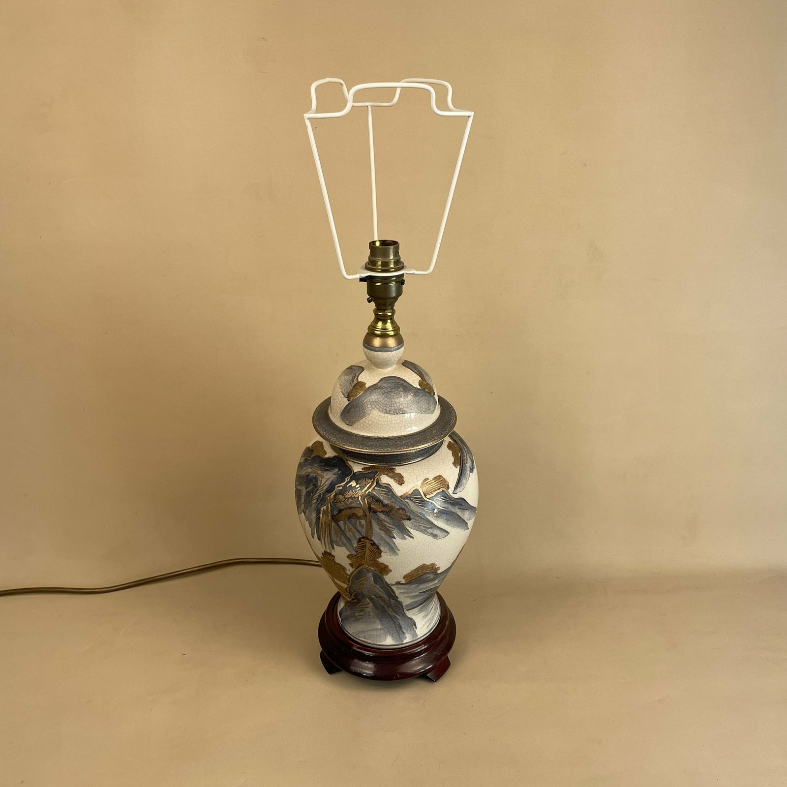Vintage Ceramic Lamp Oriental Light Bedside Table Hand Painted Mountain Scenic Design Cream Blue Gold Wood Base Vase Cottage Antique