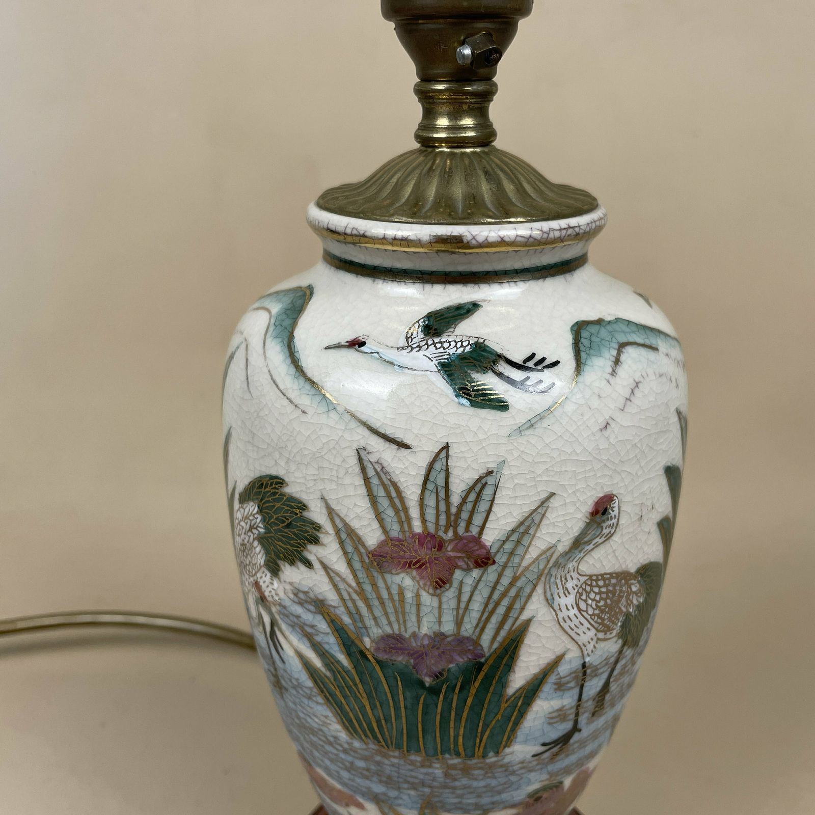 Vintage Ceramic Lamp Light Bedside Table Hand Painted Birds Scenic Design White Wood Base Oriental Chinese Vase Cottage Antique Retro Brass photo for sale
