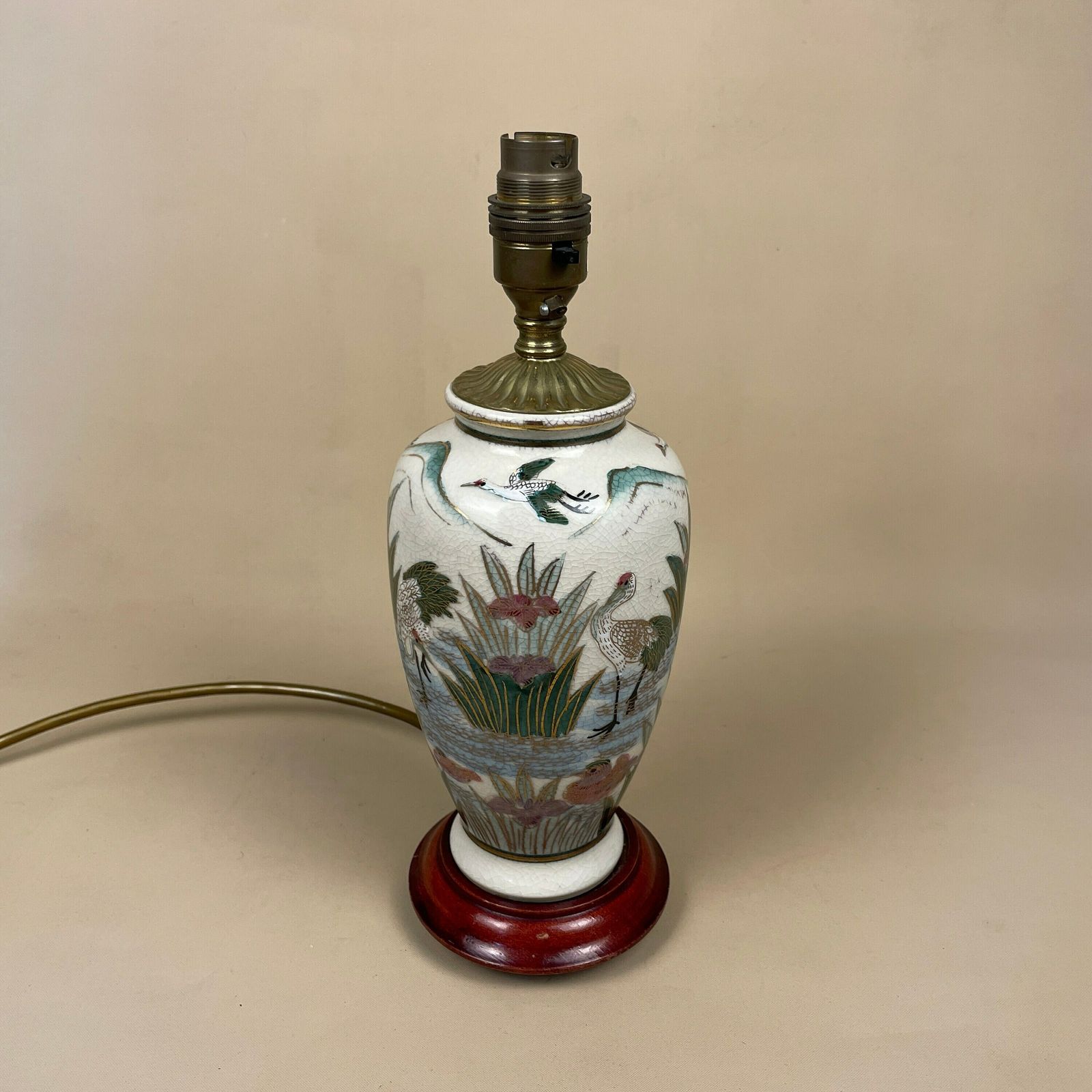 Vintage Ceramic Lamp Light Bedside Table Hand Painted Birds Scenic Design White Wood Base Oriental Chinese Vase Cottage Antique Retro Brass photo 69.0