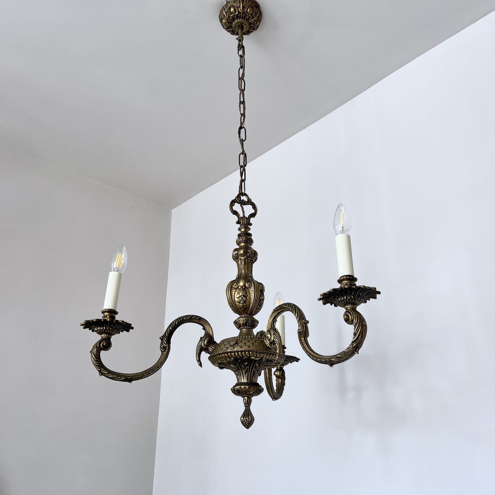 Ornate Cast Brass Chandelier With Three Decorative Swan Neck Arms photo for sale