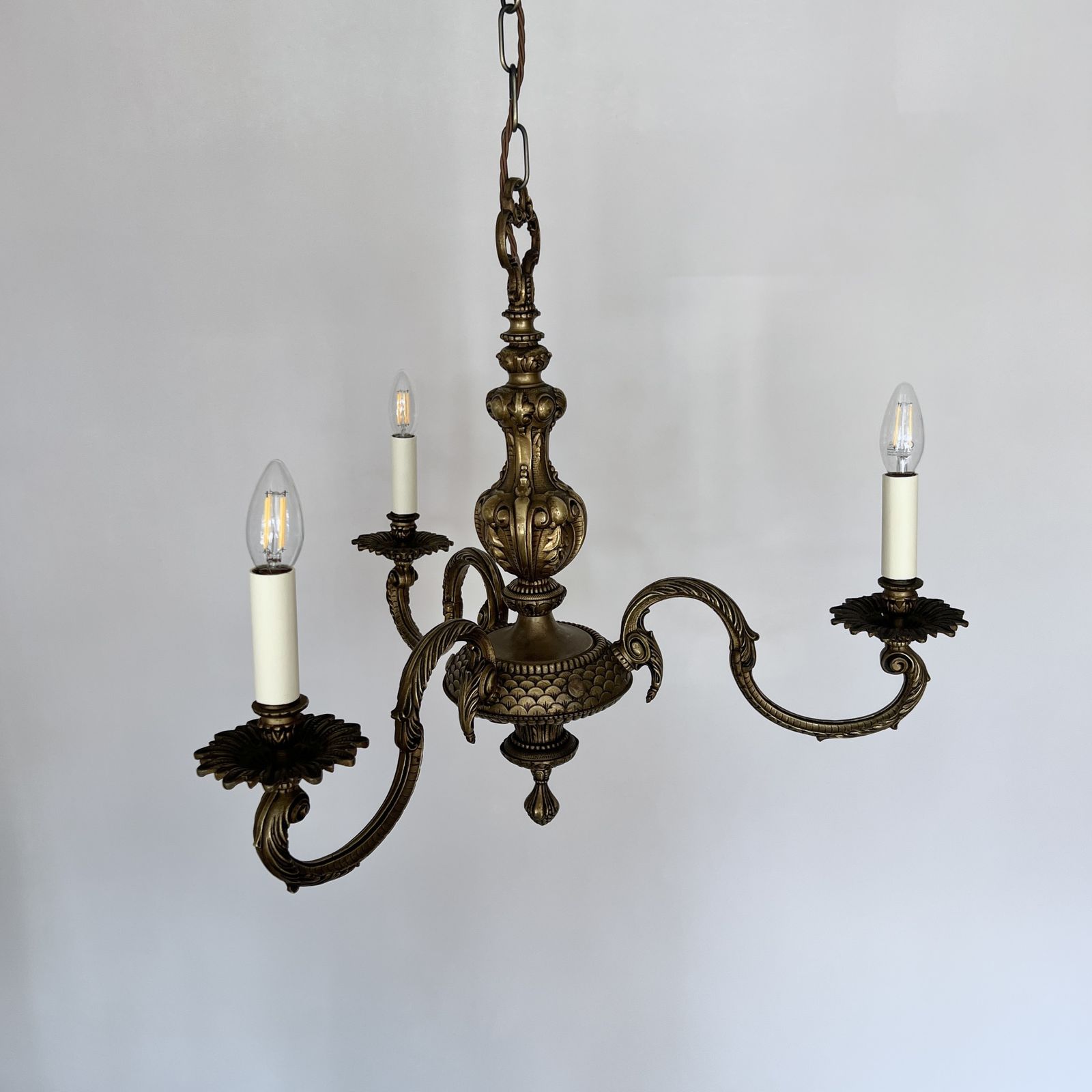 Ornate Cast Brass Chandelier With Three Decorative Swan Neck Arms photo Lighting