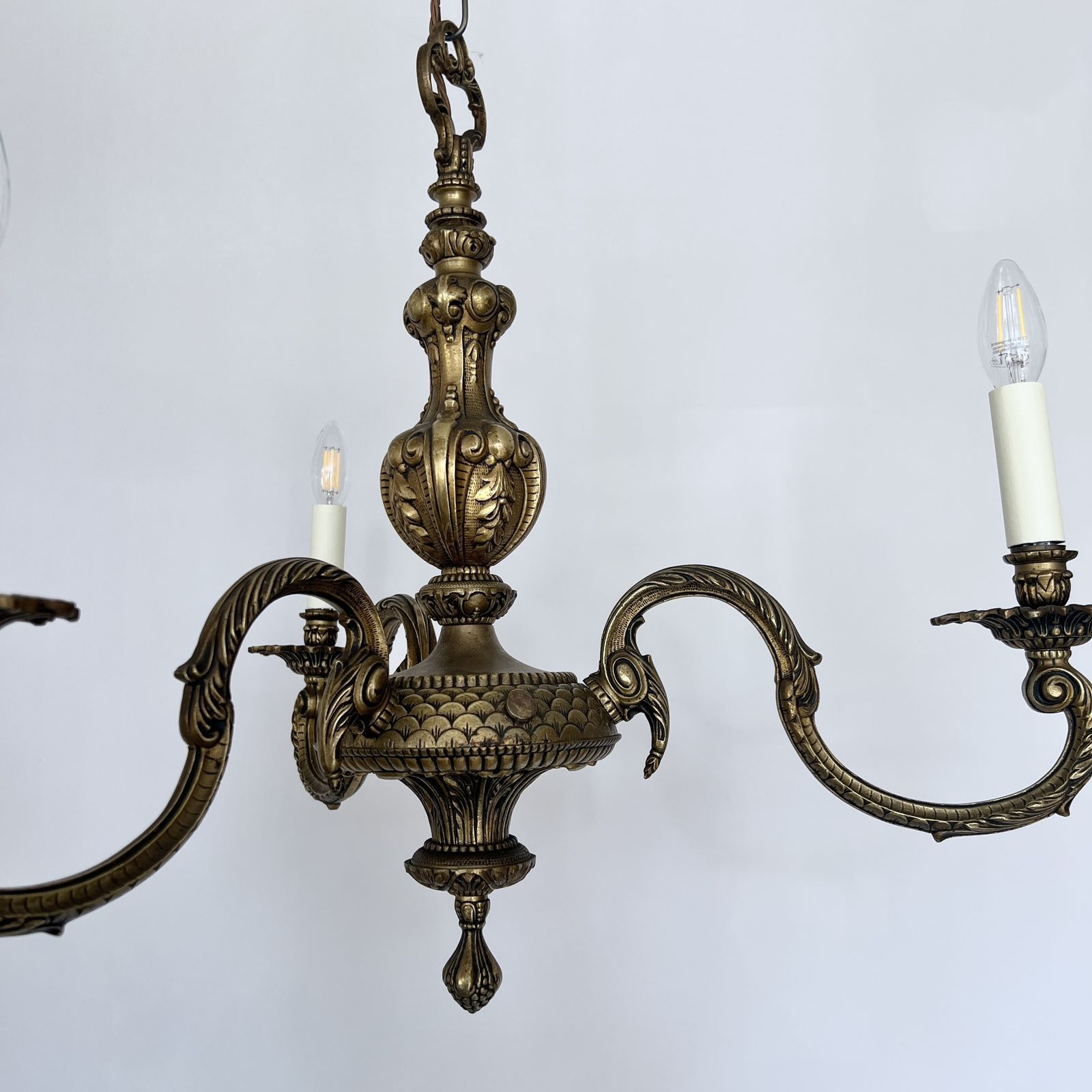 Ornate Cast Brass Chandelier With Three Decorative Swan Neck Arms photo buy