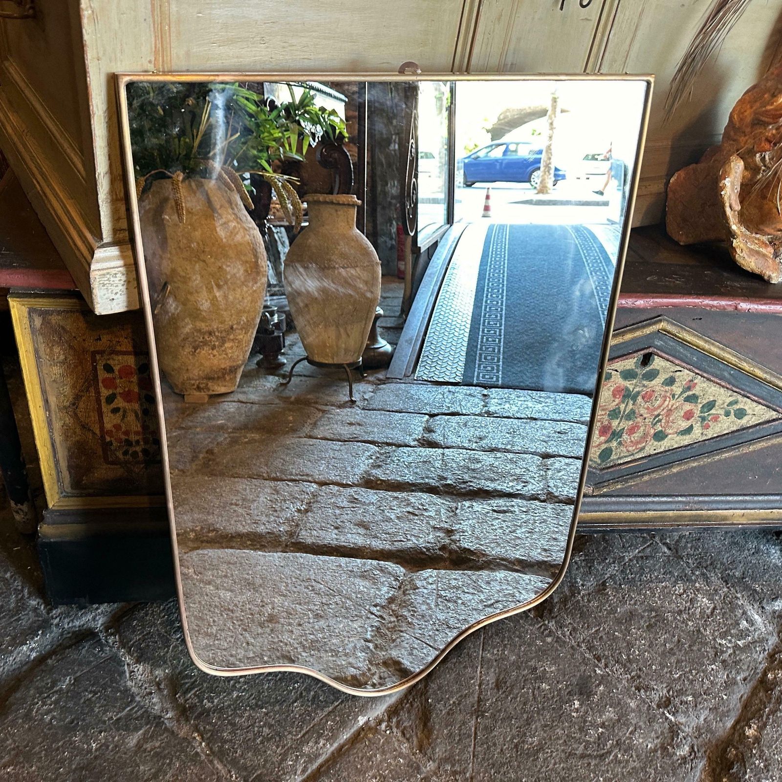 1950s Gio Ponti Style Mid Century Modern Brass Shield Italian Wall Mirror photo for sale