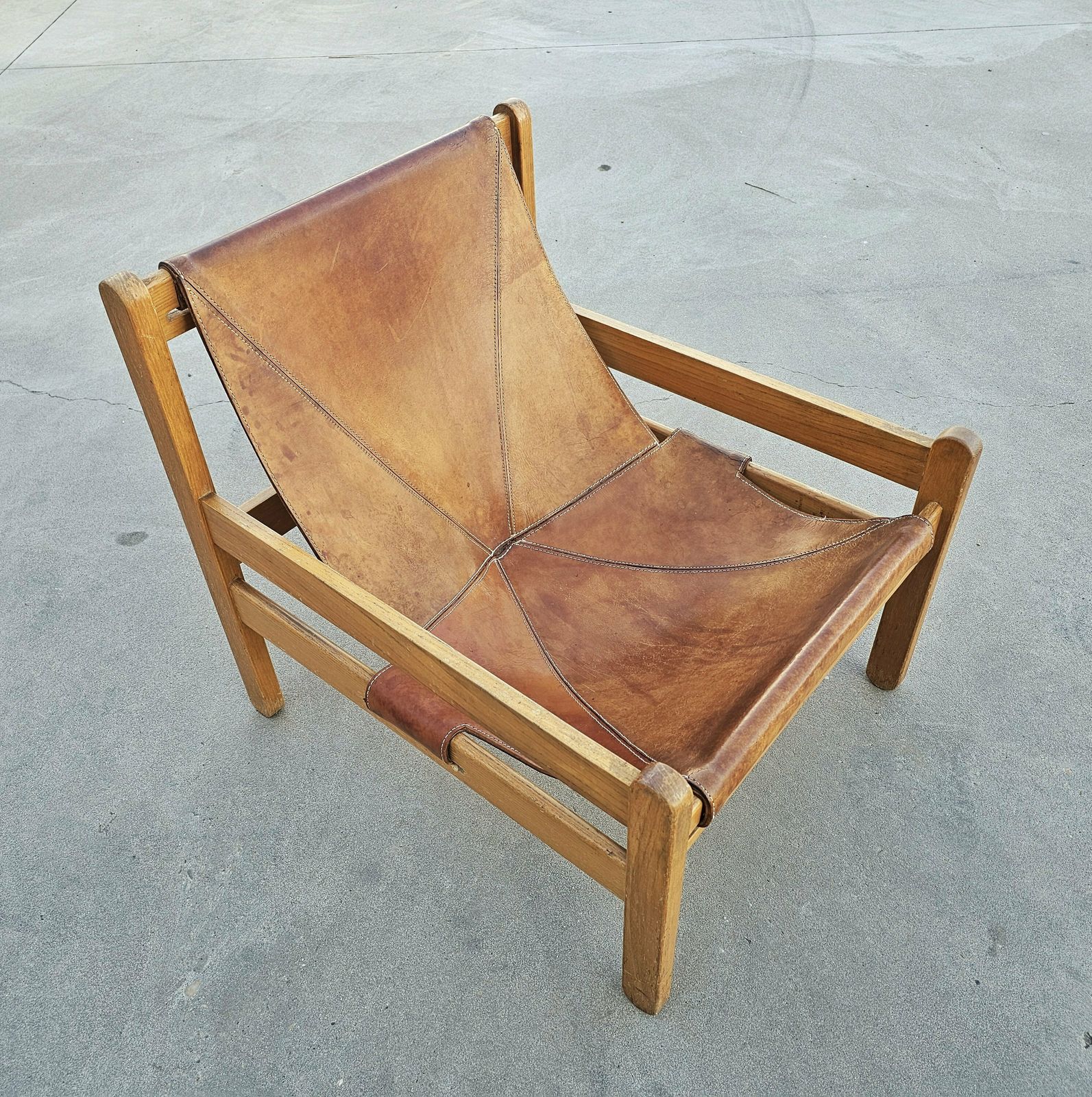 Brazilian Mid Century Modern Cognac Leather Sling Chair With Beautiful Patina // Made In Brazil In 1970s photo Furniture