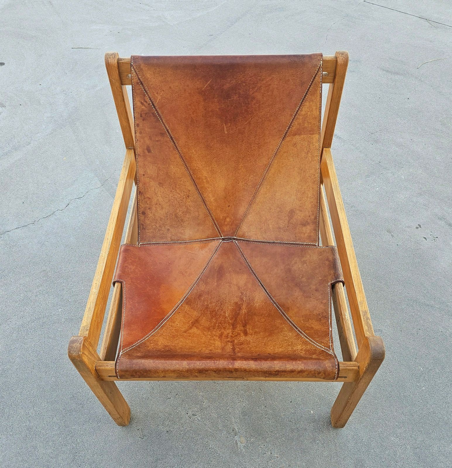 photo furniture Brazilian Mid Century Modern Cognac Leather Sling Chair With Beautiful Patina // Made In Brazil In 1970s