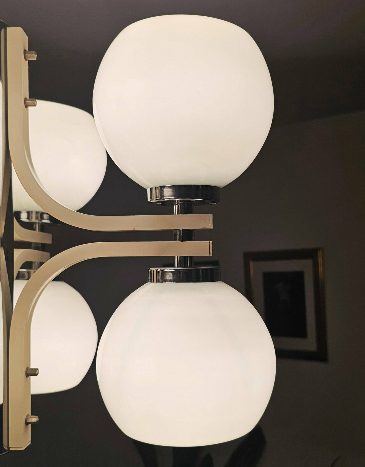 photo furniture Space Age 8 Light Chandelier With While Glass Shades // Made In Yugoslavia In 1970s
