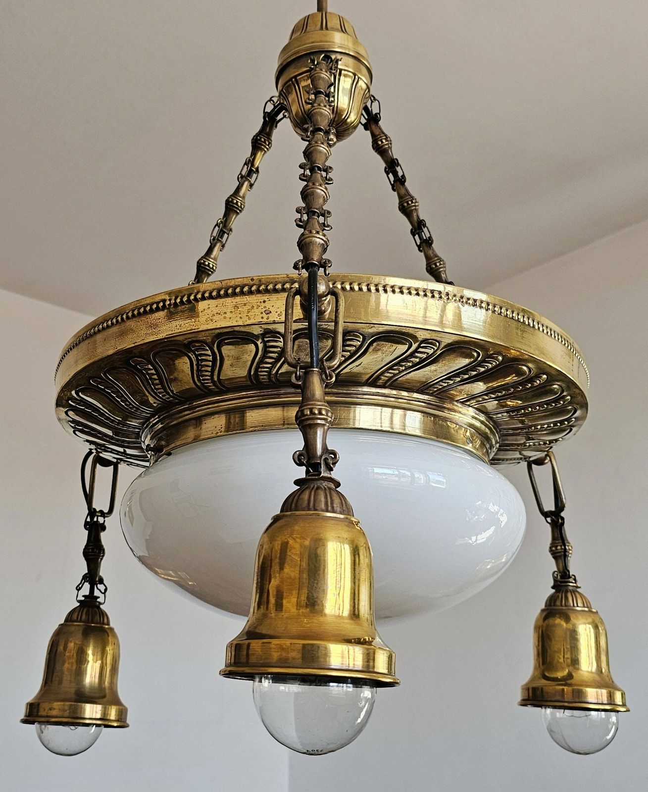Art Nouveau Polished Brass Chandelier With Opaline Glass Dome // Antique Chandelier // Made In Austria In 1910s