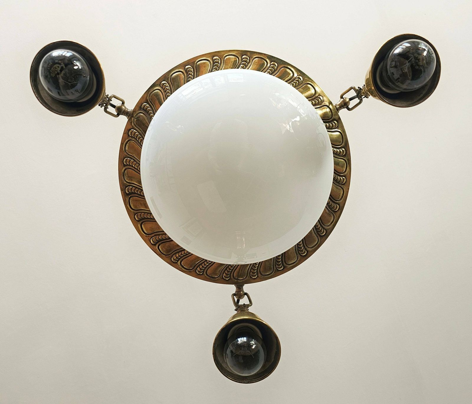 Art Nouveau Polished Brass Chandelier With Opaline Glass Dome // Antique Chandelier // Made In Austria In 1910s photo vintage