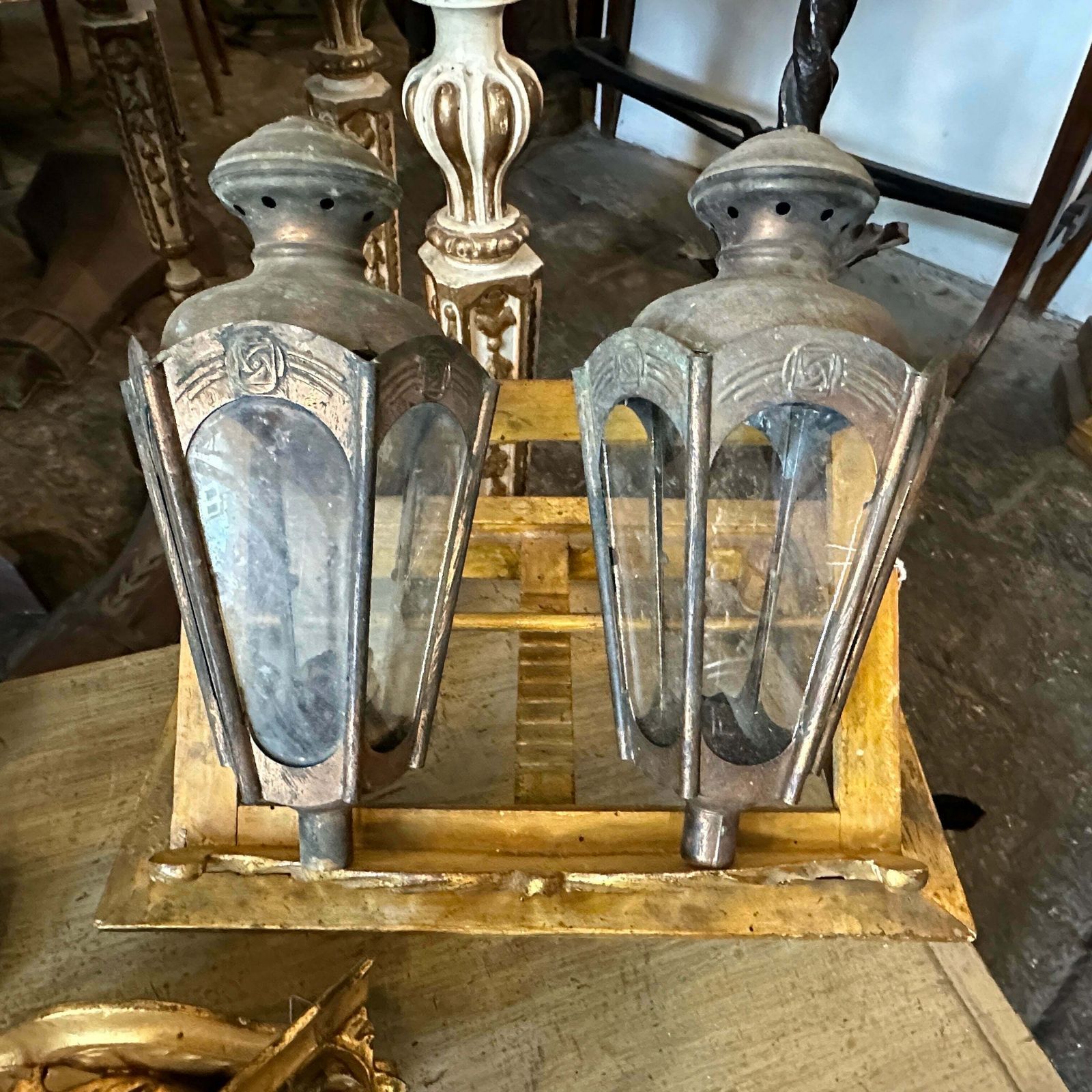 Two 1900s Art Nouveau Copper Italian Procession Candle Lamps photo furniture