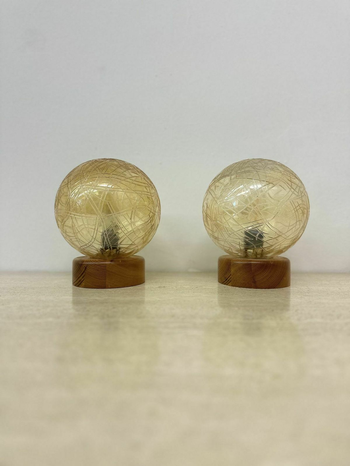 Set Of 2 Glass And Wood Table Lamps , 1980s