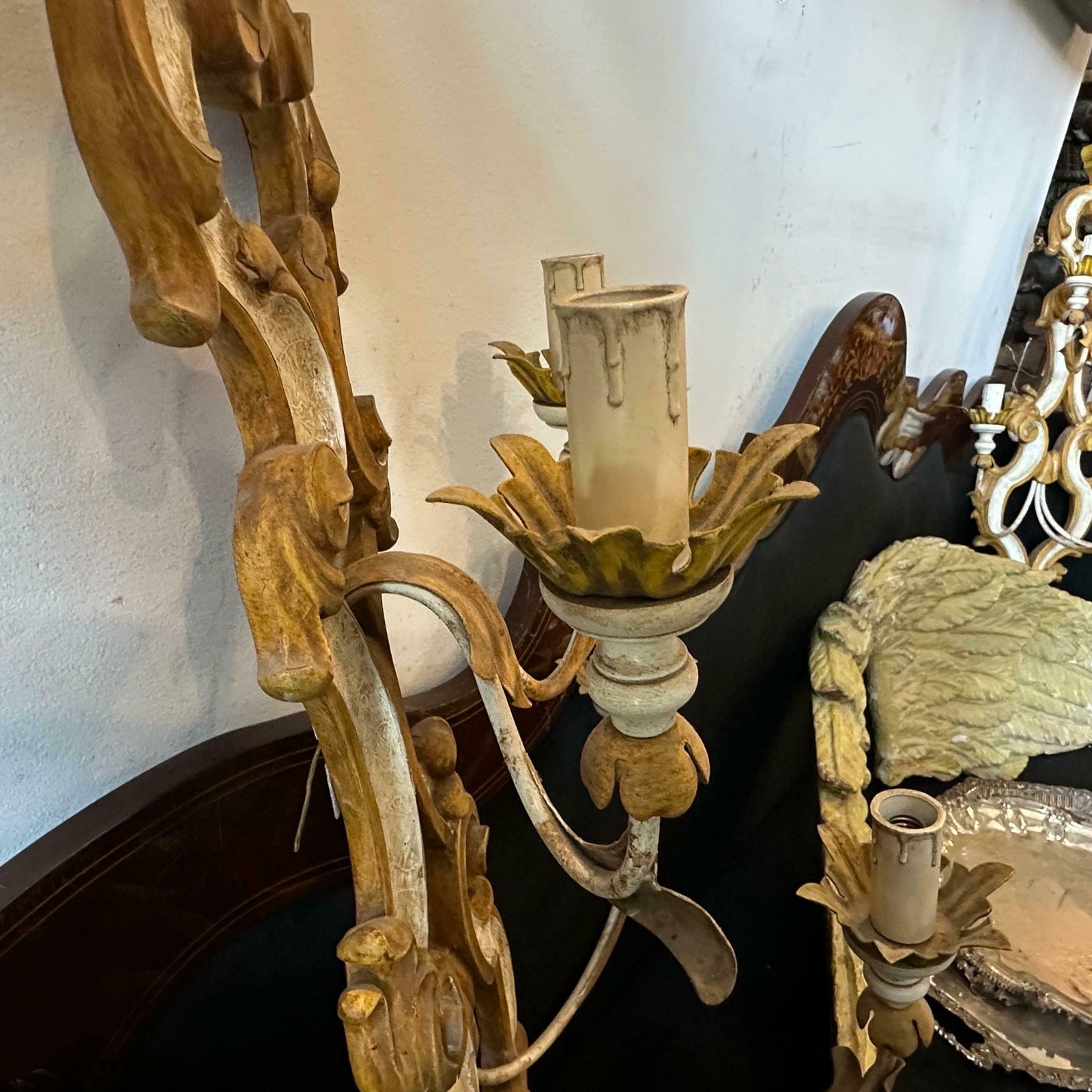 1970s Baroque Style Lacquered Wood And Iron Florentine Big Wall Sconces photo 692.0