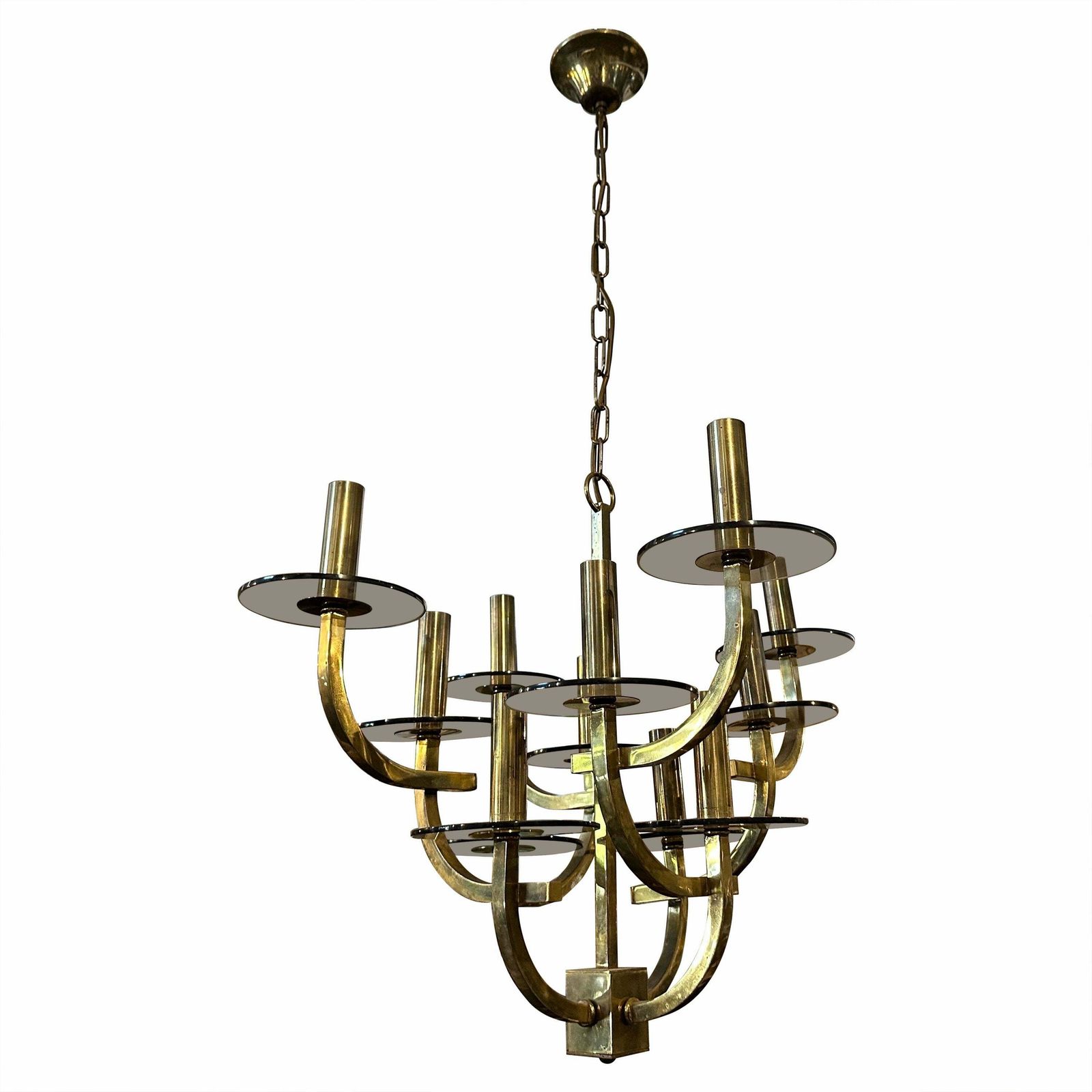 1960s Gaetano Sciolari Mid Century Modern Brass And Smoked Glass Chandelier
