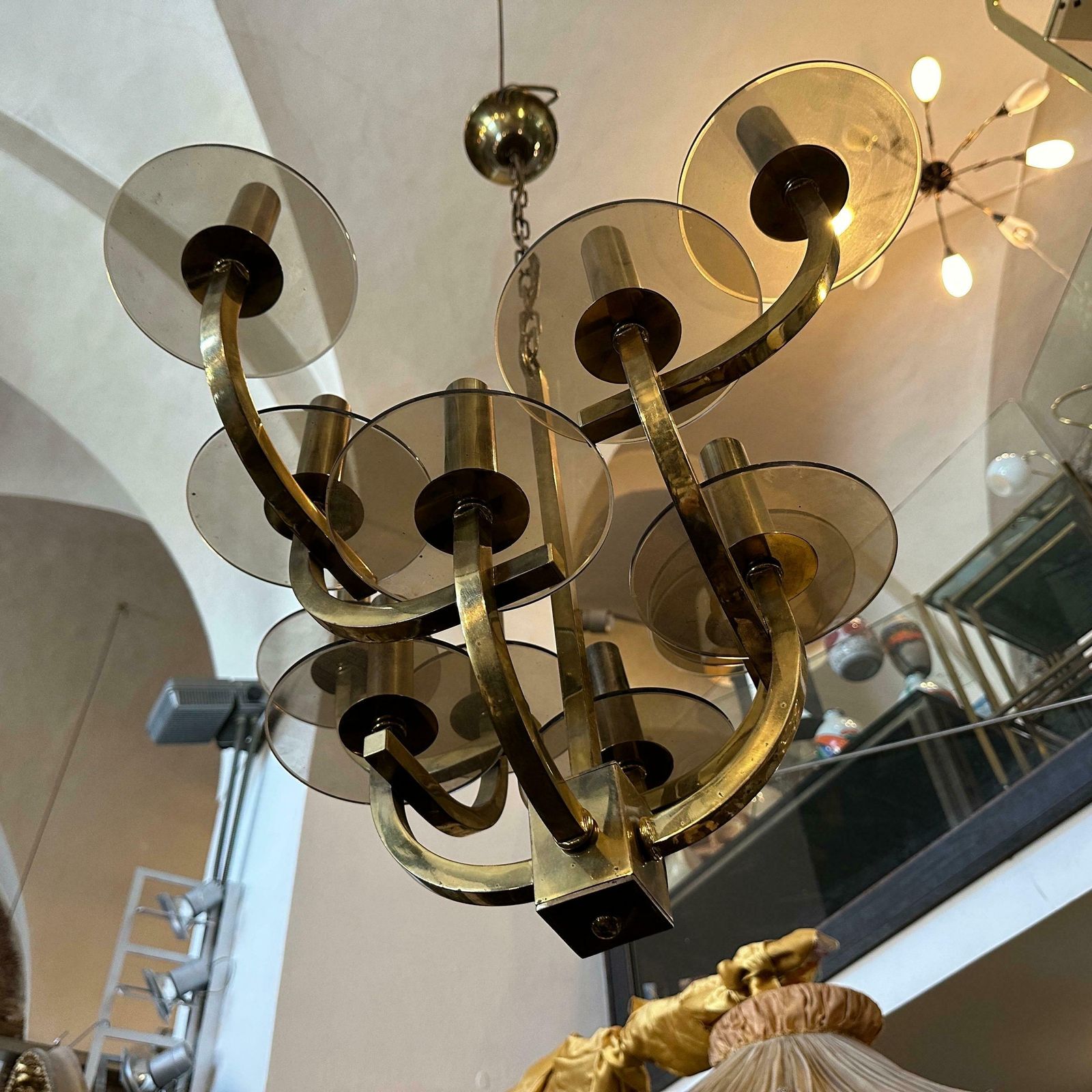 1960s Gaetano Sciolari Mid Century Modern Brass And Smoked Glass Chandelier photo for sale