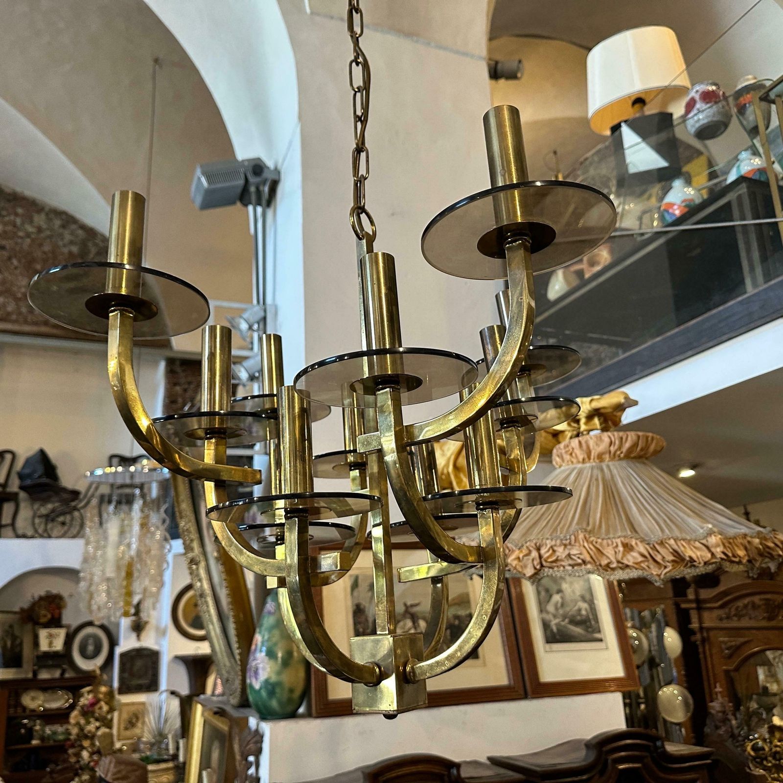 1960s Gaetano Sciolari Mid Century Modern Brass And Smoked Glass Chandelier photo Lighting