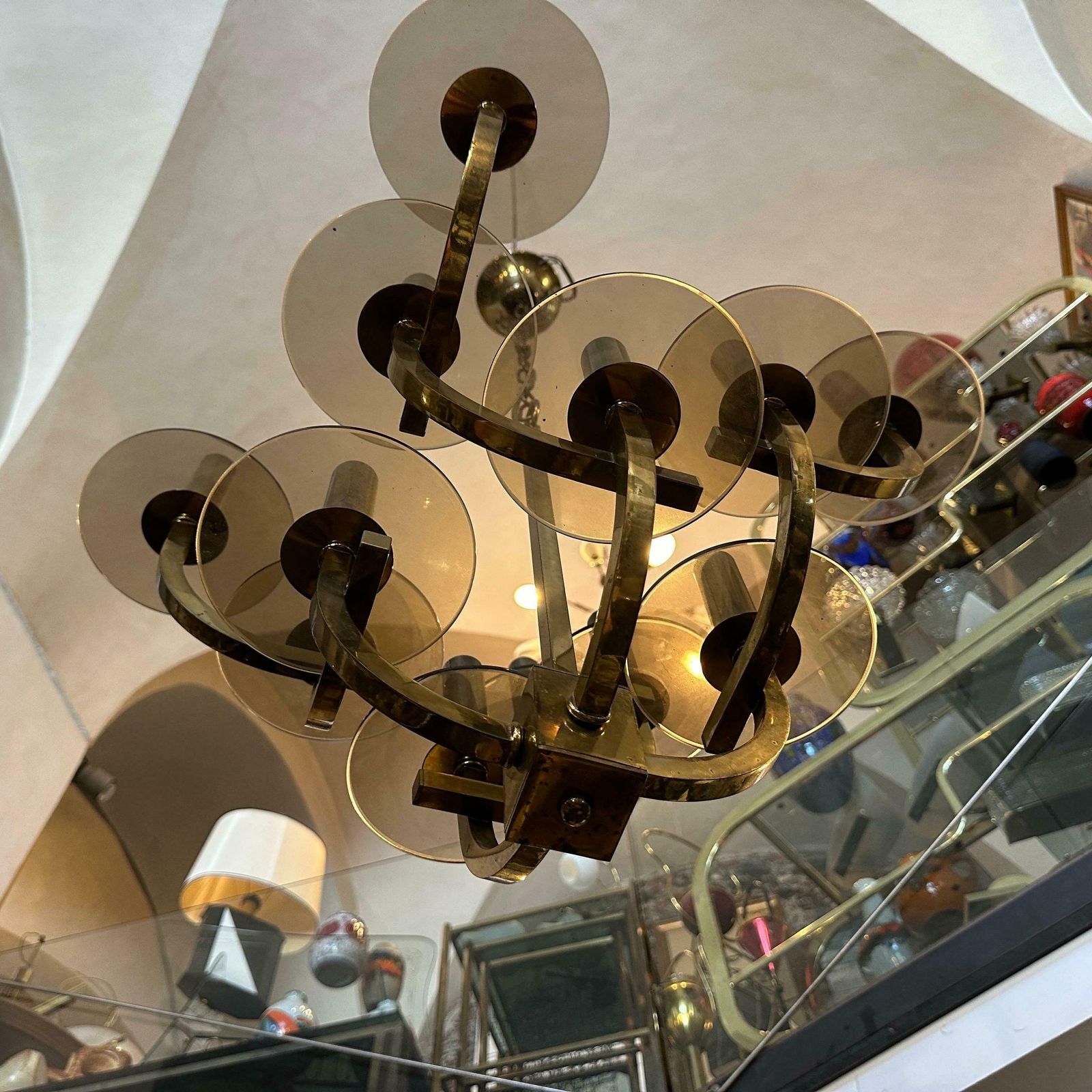 1960s Gaetano Sciolari Mid Century Modern Brass And Smoked Glass Chandelier photo 1934.0