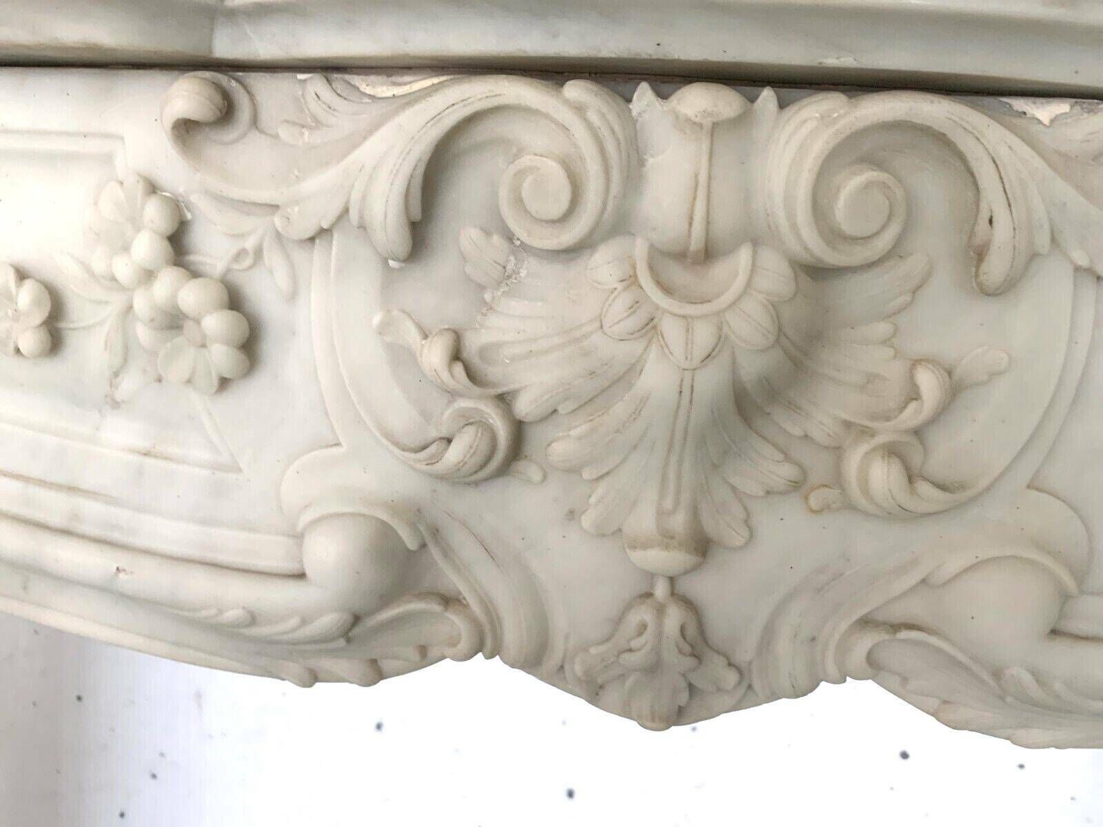 Louis XV Style Fireplace In White Carrara Marble 19th Century photo for sale