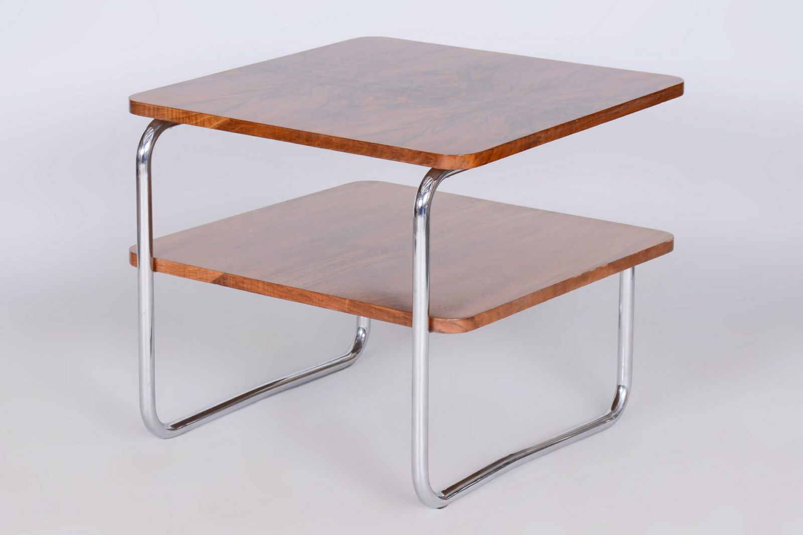 Restored Bauhaus Side Table, Caucasian Walnut, Chrome Plated Steel, Czech, 1930s photo 1600.0
