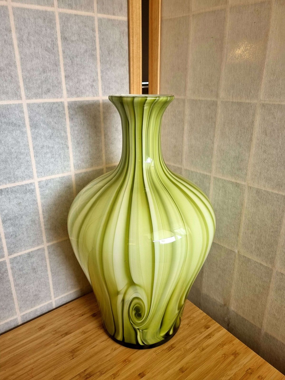 Large Art Glass Vase In Green Swirl Stripe photo furniture