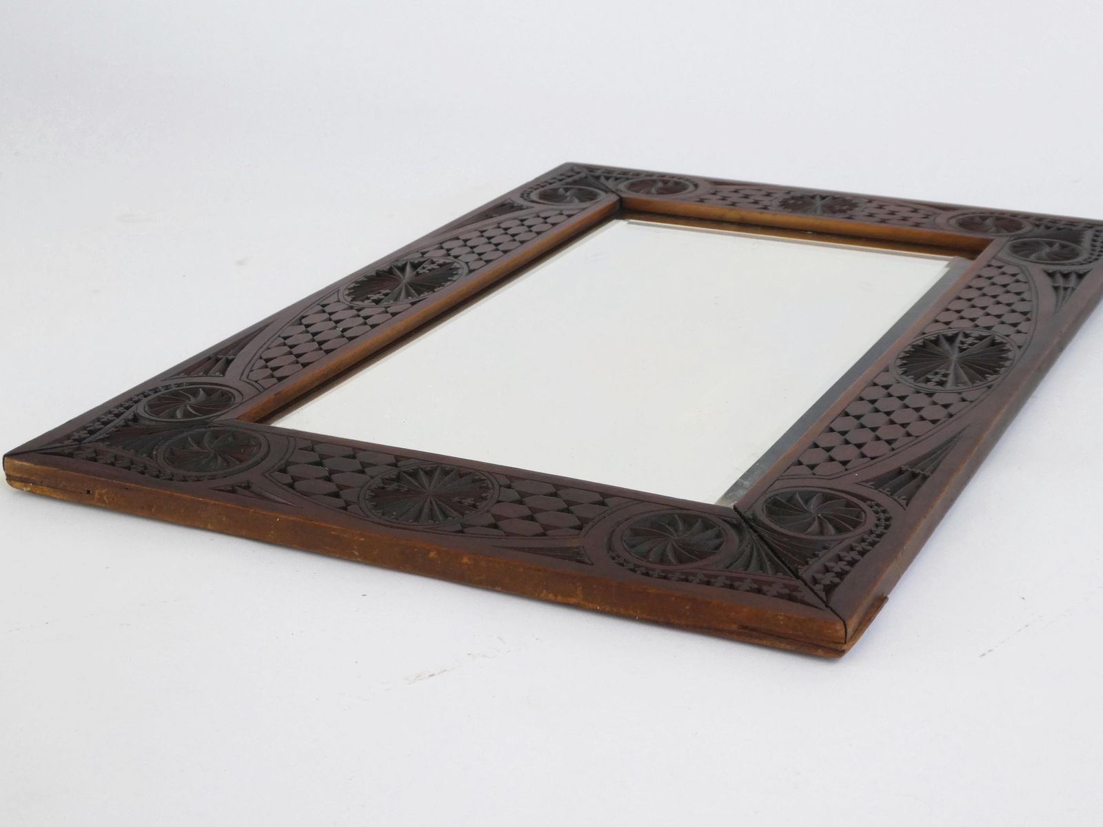 Beautiful Chip Nip Wooden Carved Wall Mirror, Jugendstil Beveled Glass, Antique Wall Hanging photo Home Decor
