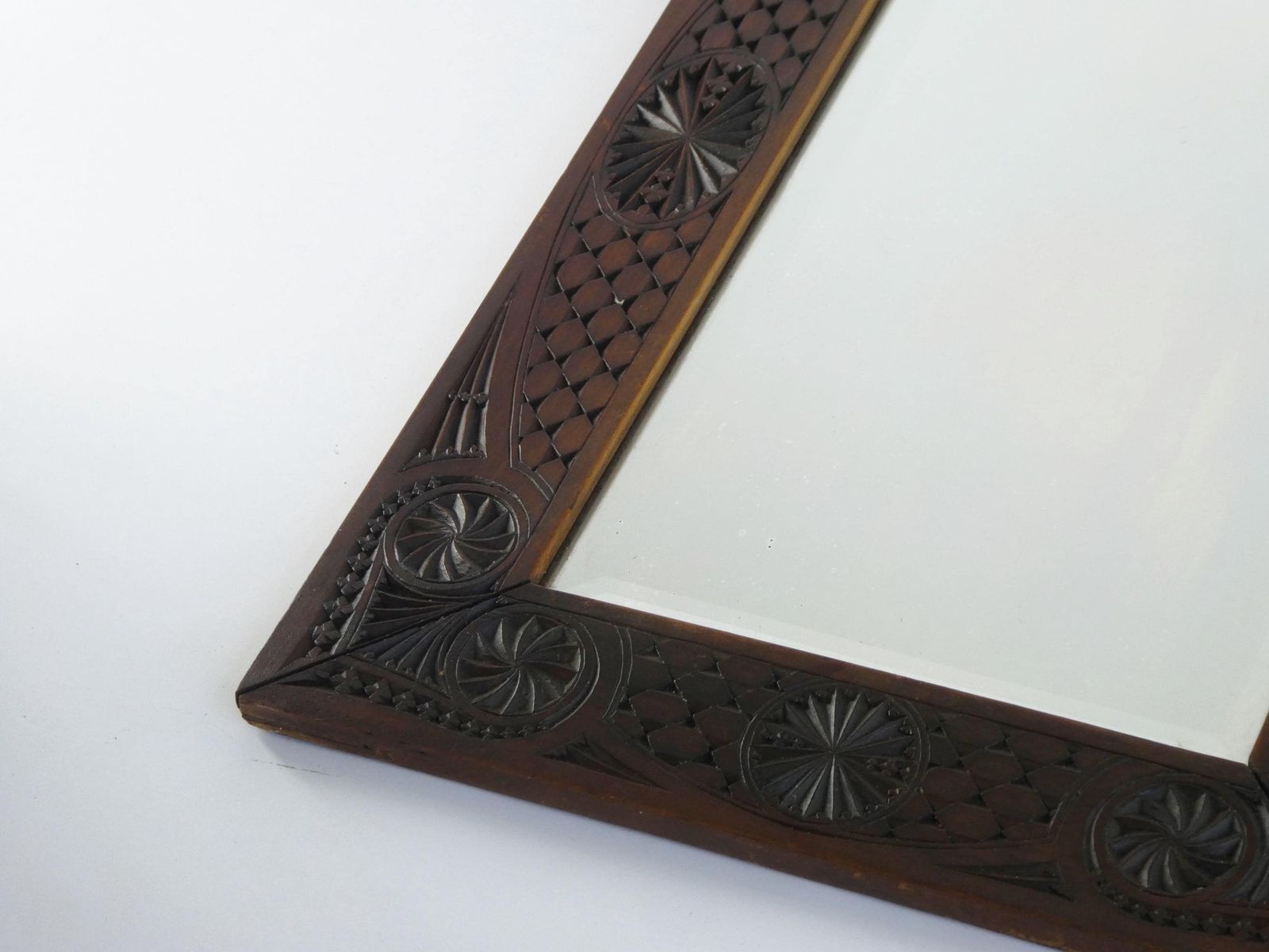 Beautiful Chip Nip Wooden Carved Wall Mirror, Jugendstil Beveled Glass, Antique Wall Hanging photo 173.0