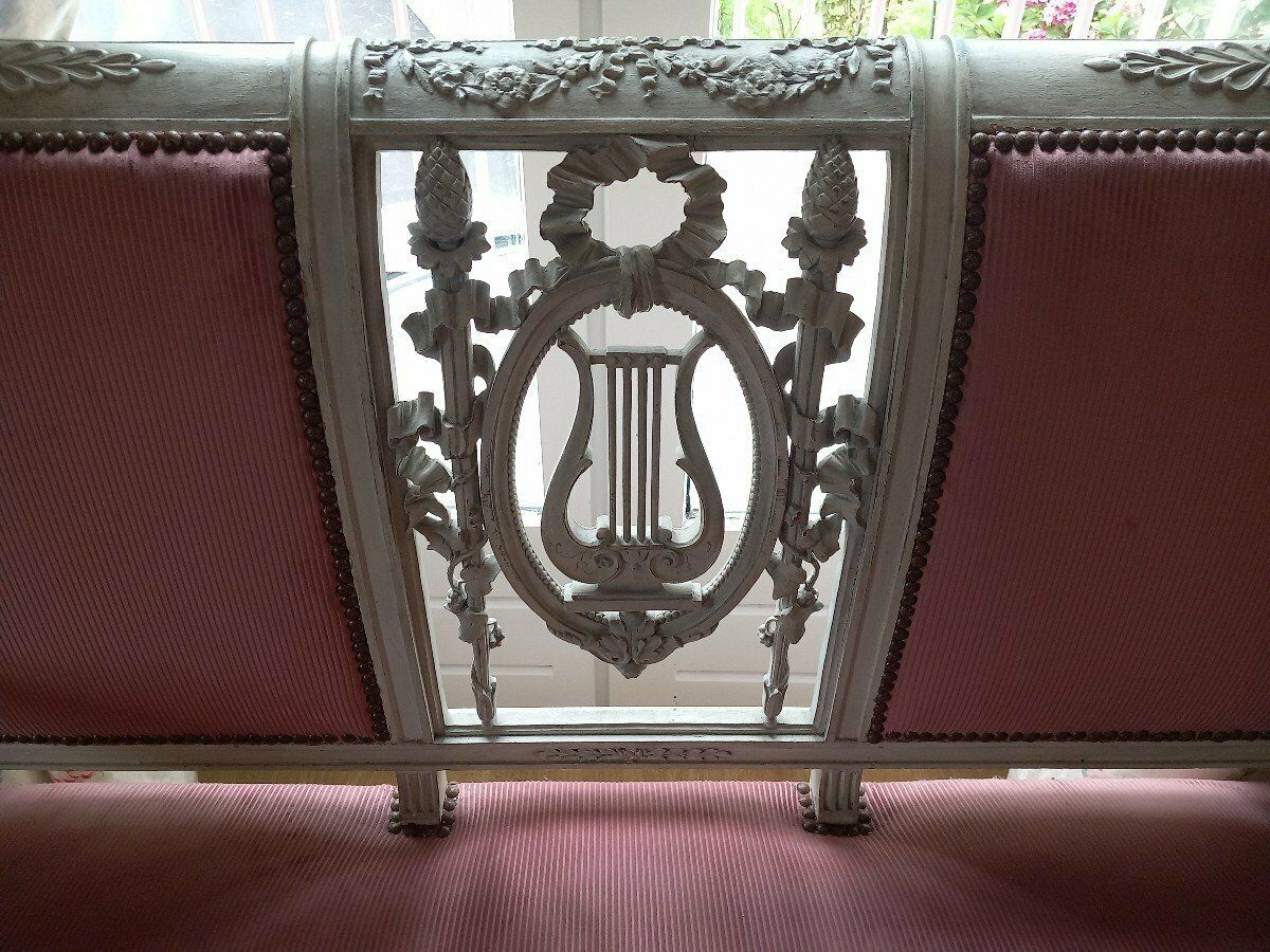 Louis XVI Style Bench Lyre Decor Pink Velvet photo furniture