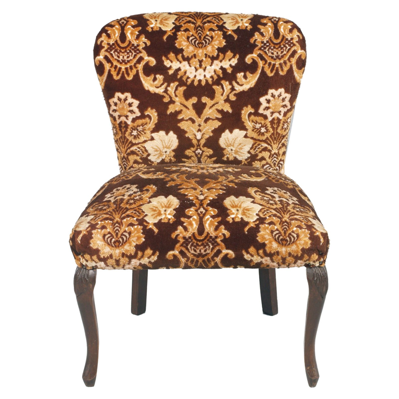 photo for sale Art Nouveau Venetian Bedroom Chairs With Footrest With Precious Damask Upholstery, Hand Carved Walnut