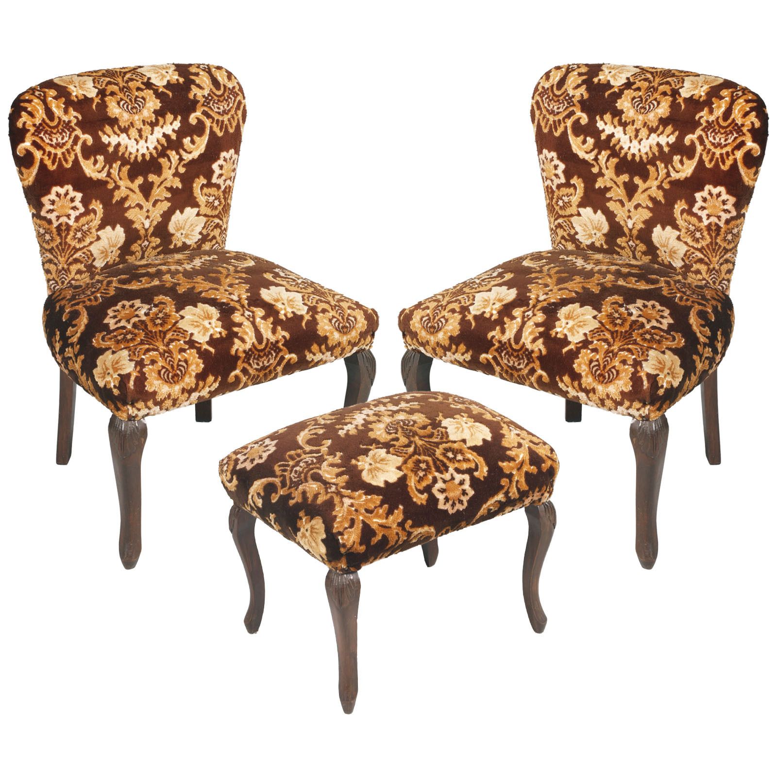 Art Nouveau Venetian Bedroom Chairs With Footrest With Precious Damask Upholstery, Hand Carved Walnut