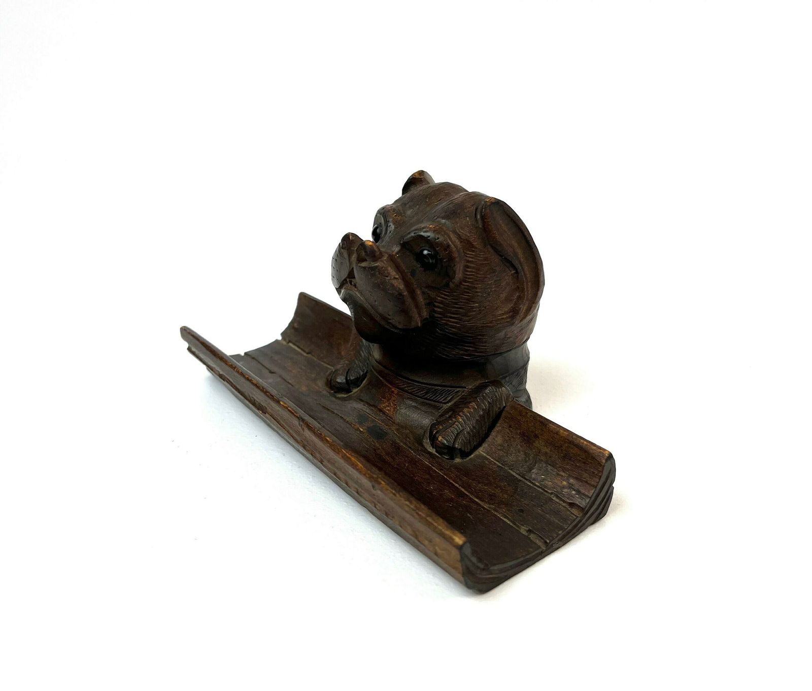 Rare Antique Black Forest Wooden Dog Glass Eyes Inkwell Germany 1880 photo for sale