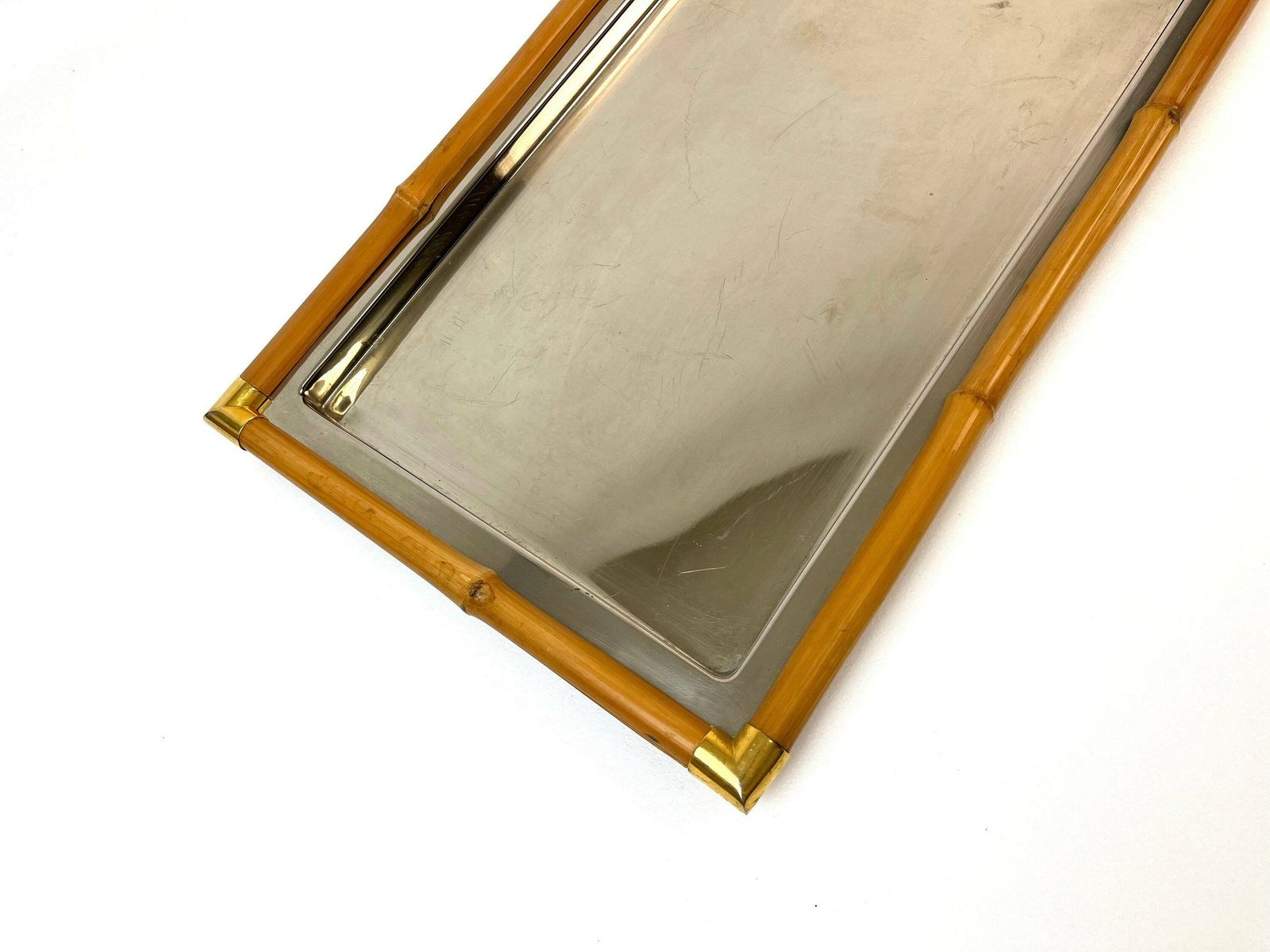 Stunning Mid Century Bamboo And Chrome Hollywood Regency Serving Tray Italy 1960 Crespi Age photo for sale