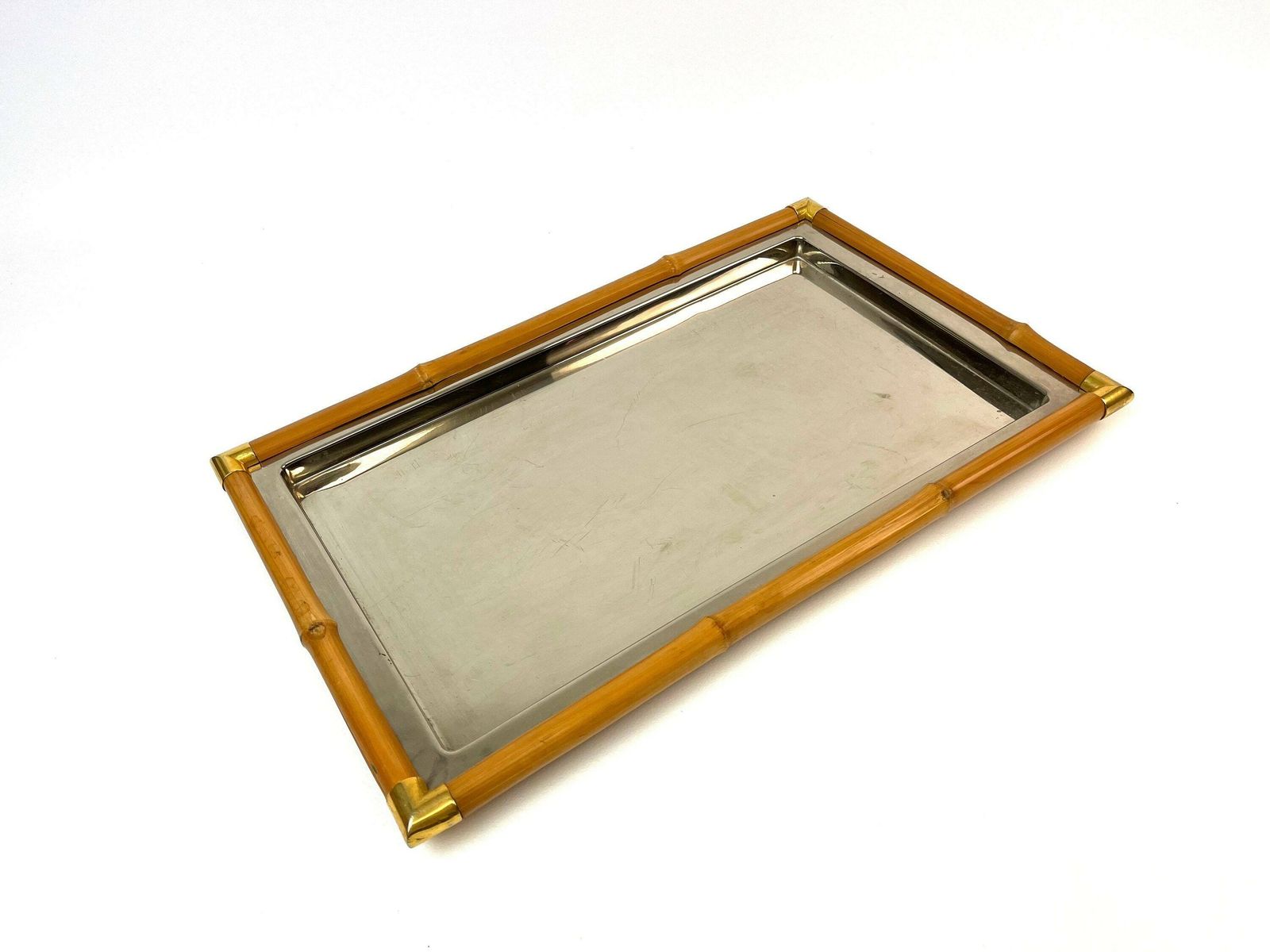 Stunning Mid Century Bamboo And Chrome Hollywood Regency Serving Tray Italy 1960 Crespi Age photo vintage