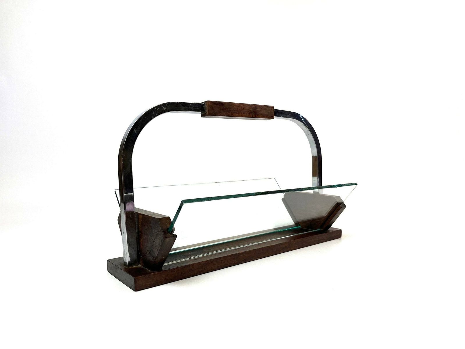 Stunning Art Deco Bauhaus Glass Wood Fruit Bowl Center Of Table By Jaques Adnet