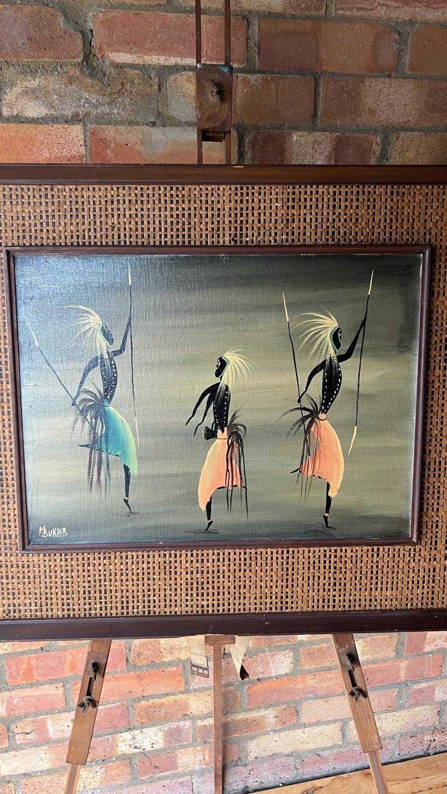 Large Mid Century Oil Painting   Vintage Tribal Art Depicting African Dancers photo furniture