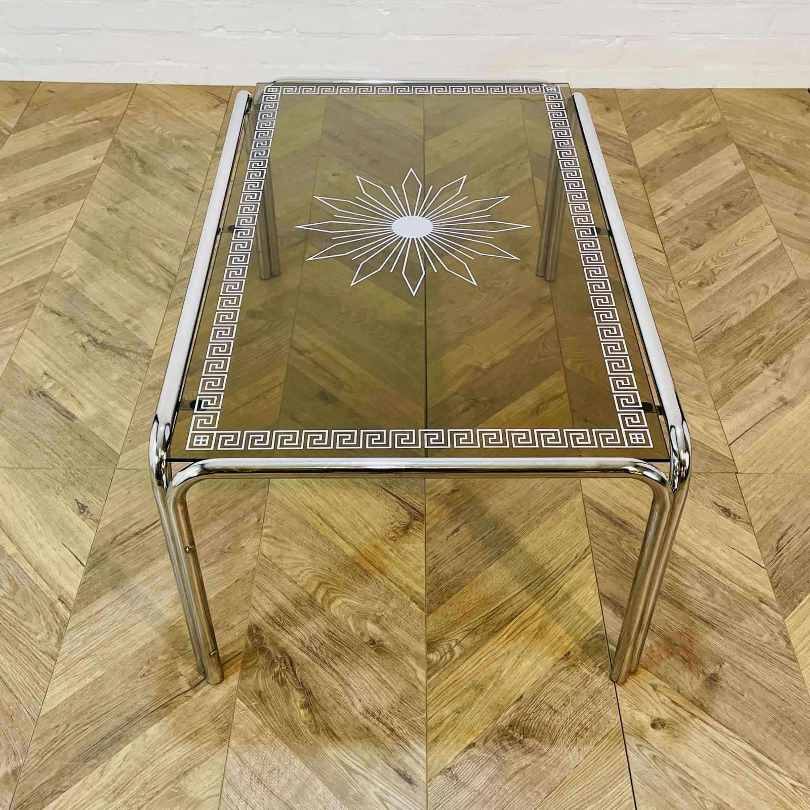 photo vinterior Vintage Italian Smoked Glass + Chrome Coffee Table With Detailed Top, 1970s