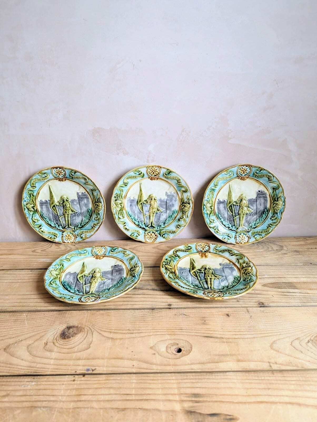 Antique French Majolica Plates  Hand Painted 'Joan Of Arc' Decorative Plates C1900 photo for sale