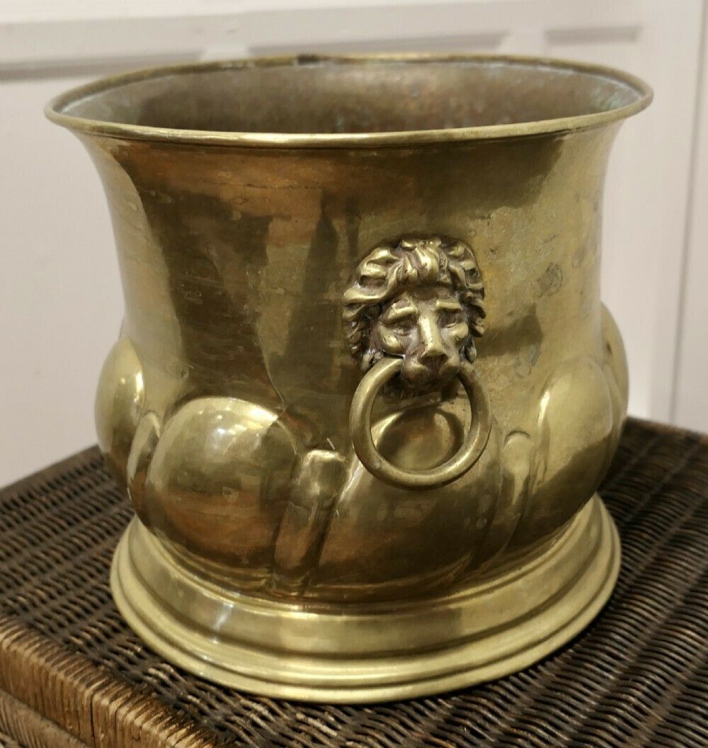 Large Arts And Crafts Brass Jardiniere With Lions Mask Handles photo for sale