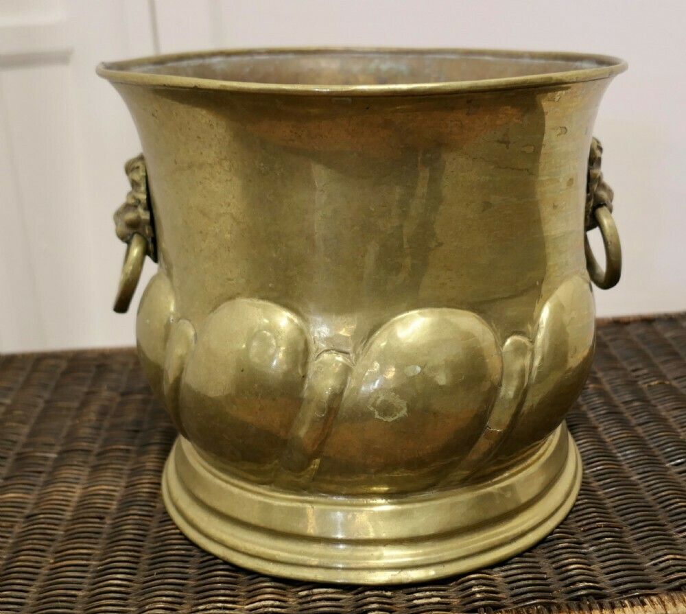 Large Arts And Crafts Brass Jardiniere With Lions Mask Handles photo 474.0