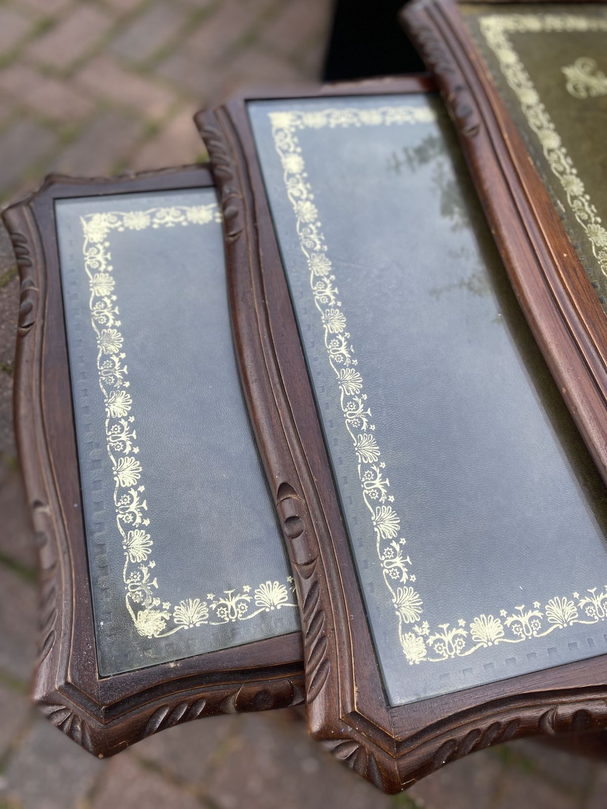 Mahogany Nest Of Tables Queen Anne Style Legs With Brown Embossed Leather Top photo for sale