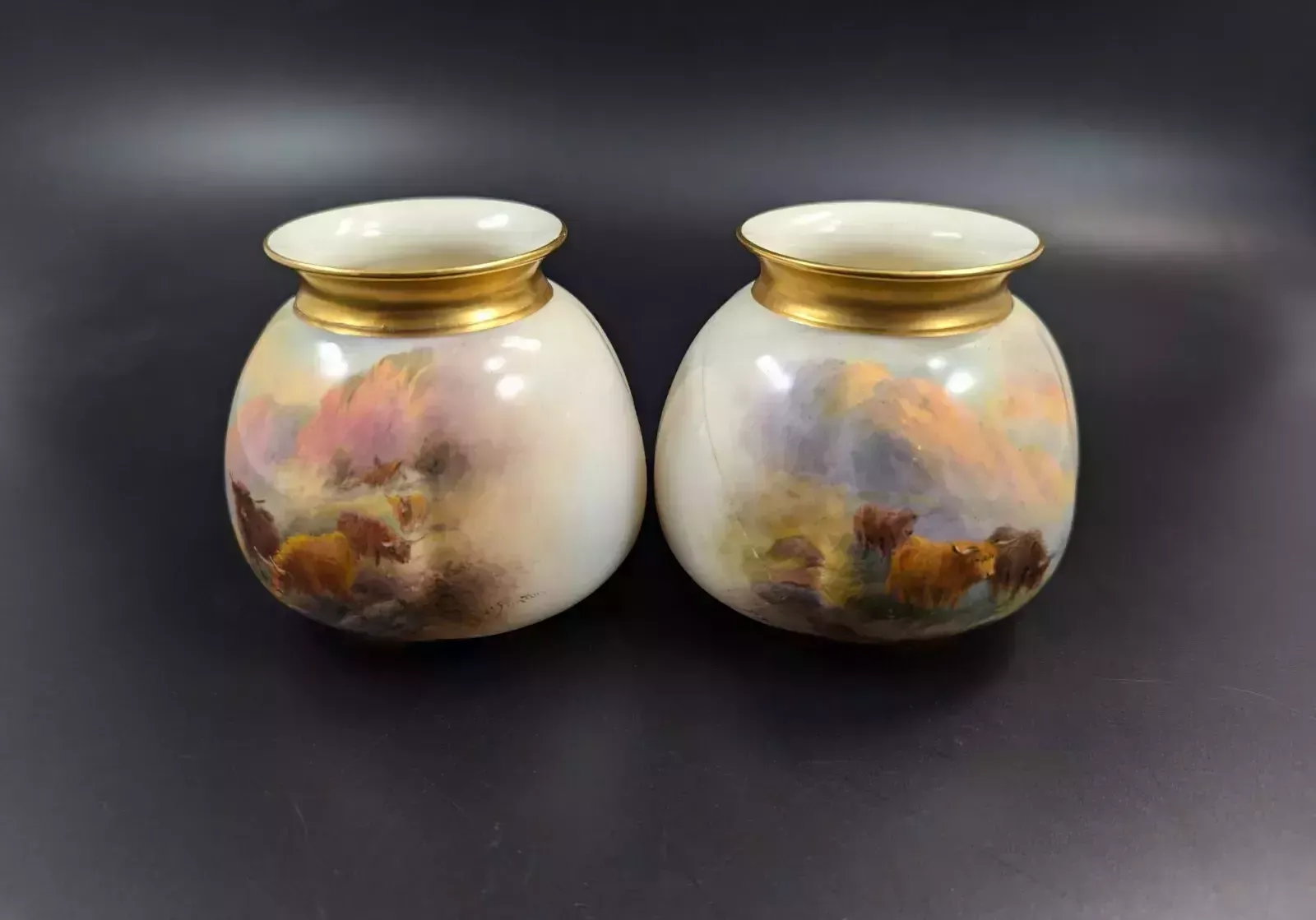 A Pair Of Royal Worcester Vases Painted With Highland Cattle By Harry Stinton photo furniture