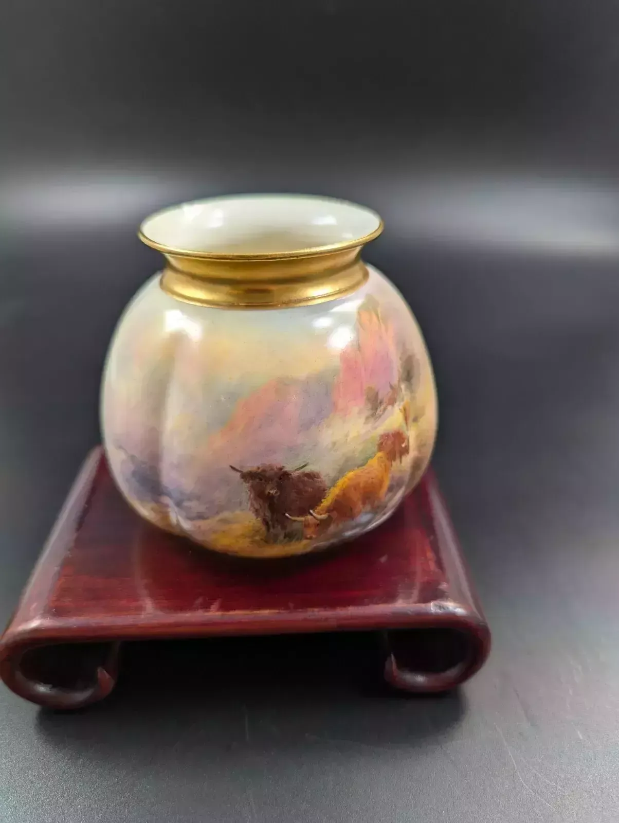 A Pair Of Royal Worcester Vases Painted With Highland Cattle By Harry Stinton photo vintage
