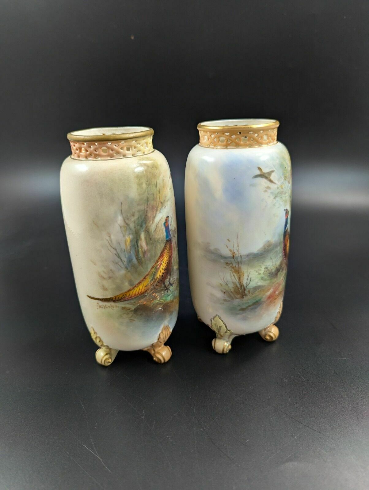 Pair Of Royal Worcester Vases With Painted Pheasants By James Stinton photo 650.0