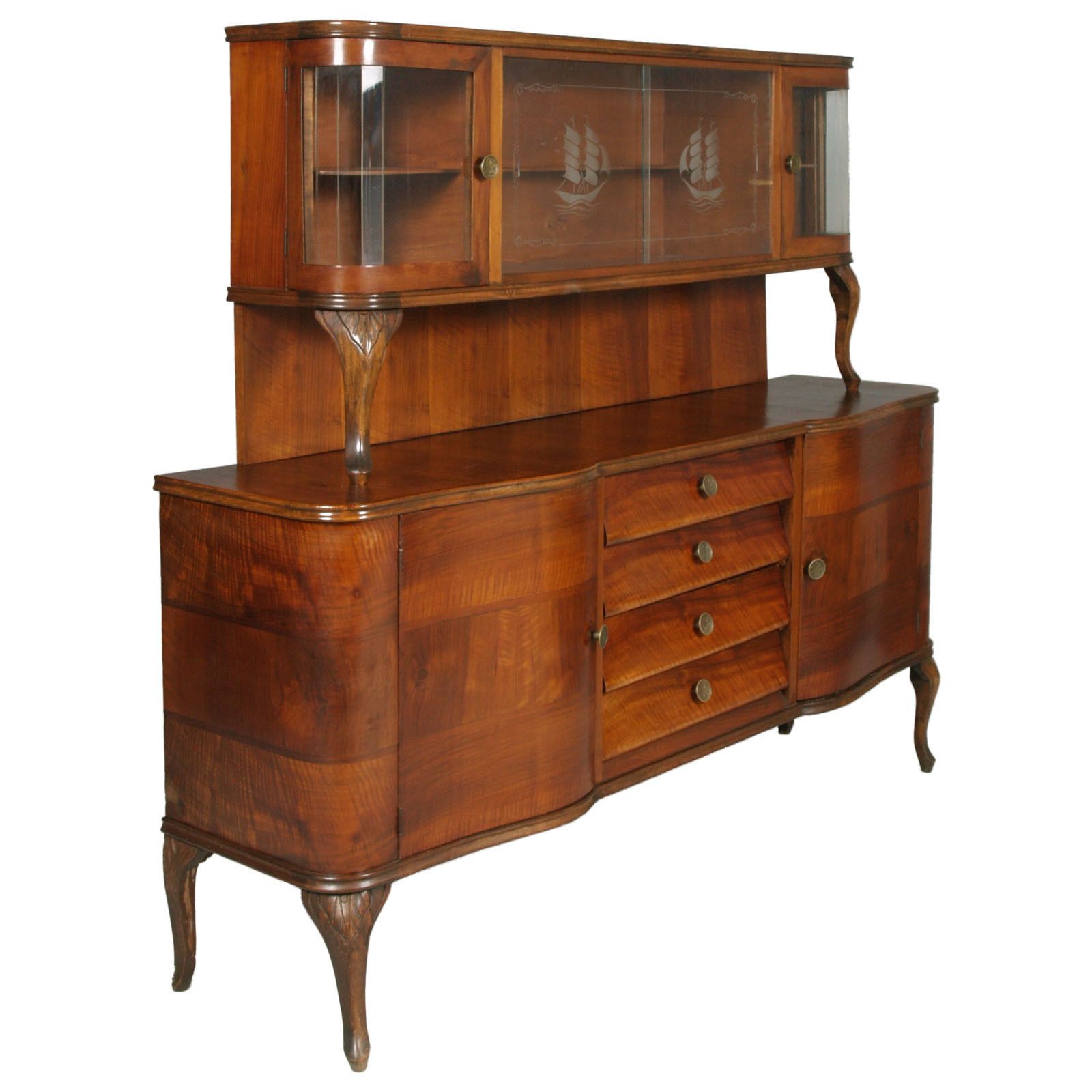Venetian Baroque Sideboard, Hand Carved Walnut Veneer Walnut