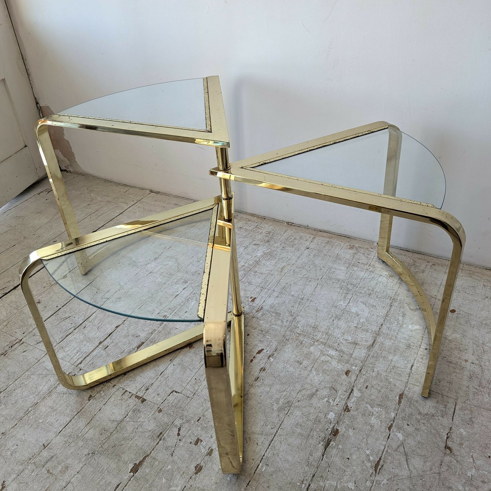 Rare Vintage Swivelling Three Tier Brass & Glass Coffee Table By Design Institute Of America, USA 1970s / 1980s