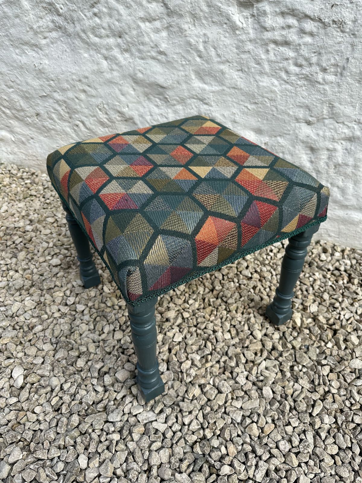 Footstool With Retro Geometric Upholstery, Green Trim And Reclaimed Painted Legs photo for sale