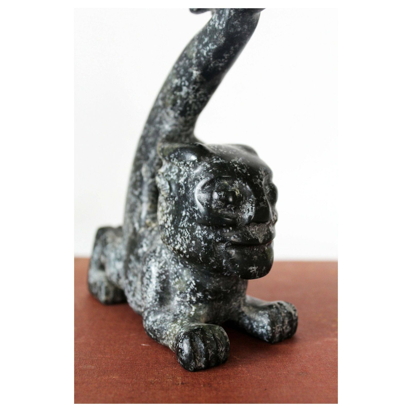 Vintage Carved Stone Sculpture, Figurine, Style Chinese Hongshan, Black Stone, Hand Carved, Neolithic Reproduction, Long Tail, Cat Like photo for sale