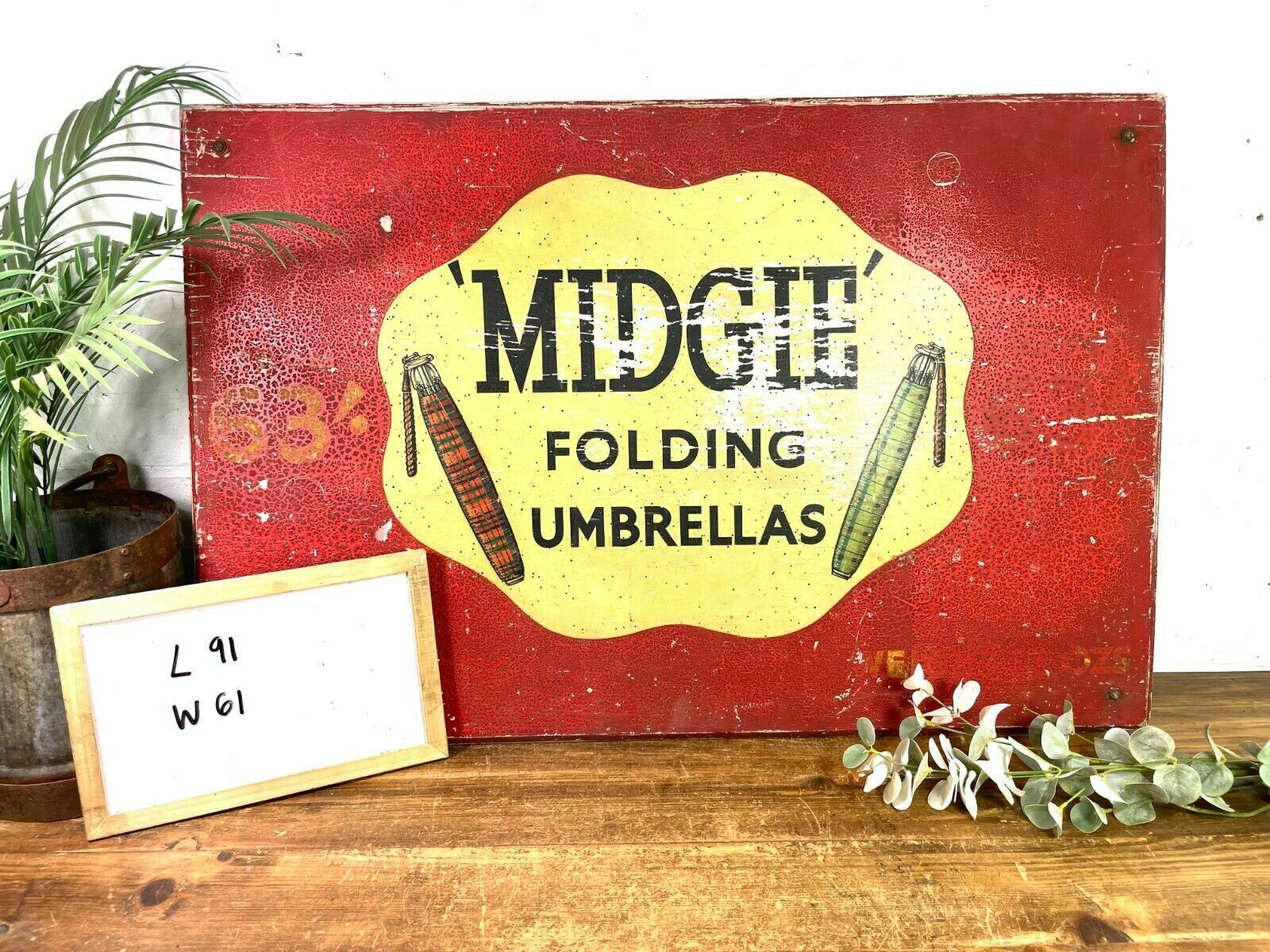 Home Decor Vintage 1940's 1950's Midgie Folding Umbrellas Wooden Advertising Sign photo
