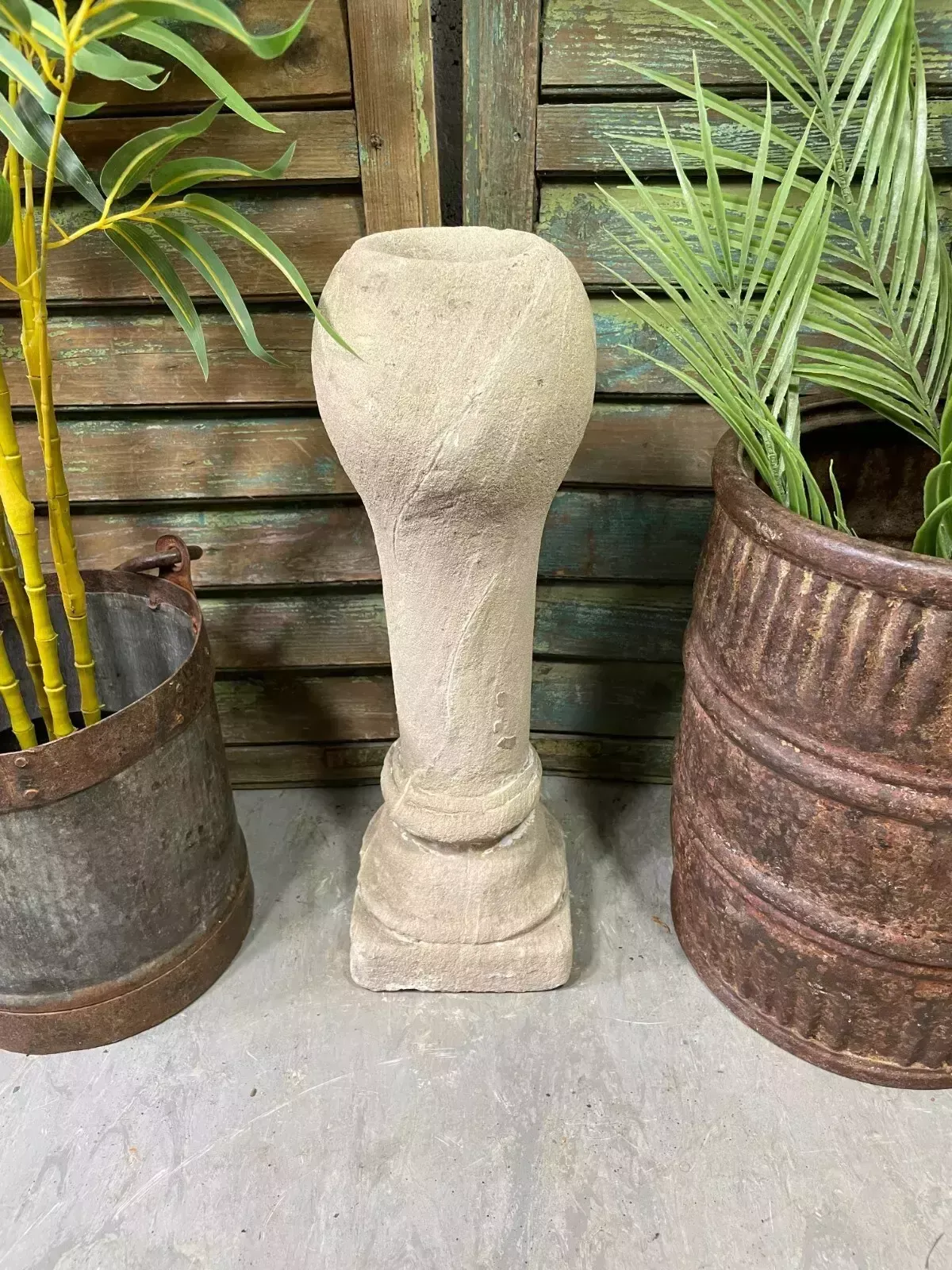 Antique Indian Hand Carved Solid Stone Plinth Column Candle Holder photo for sale